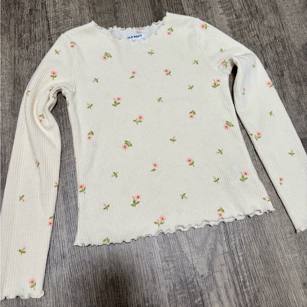 Old Navy Cream Ribbed Top with Floral Accents